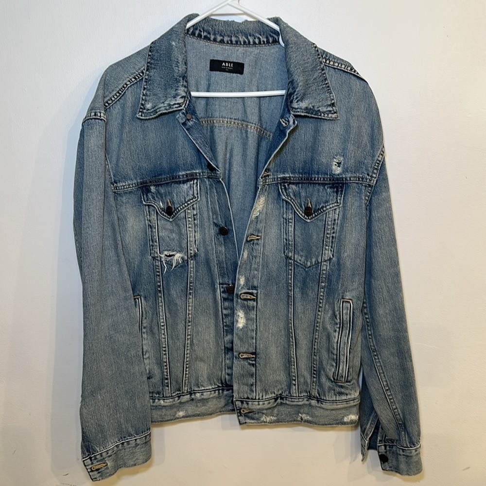 Able The Merly Denim Jacket Distressed Blue Relaxed Fit XXL Womens
